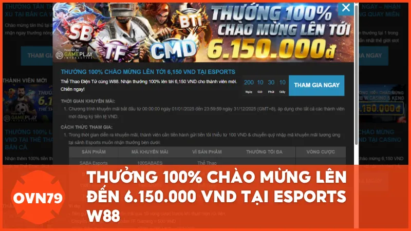 Thưởng 100% chào mừng lên đến 6.150.000 VND tại Esports
