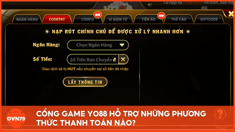 Yo88 hỗ trợ nhiều phương thức thanh toán, tiện lợi tối ưu cho mọi người dùng