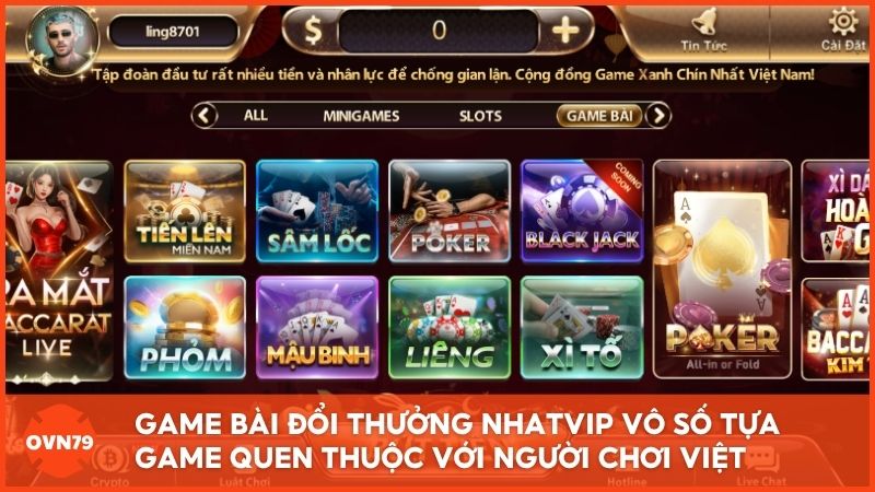 Game bài đổi thưởng tại Nhatvip với vô số tựa game quen thuộc với người chơi Việt